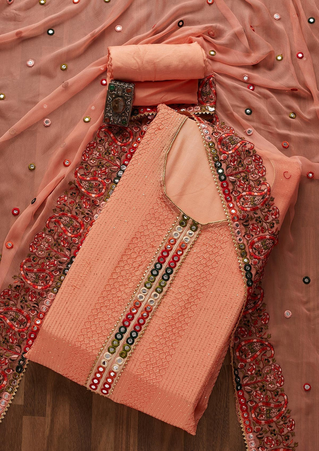 Peach Mirrorwork Georgette Designer Unstitched Salwar Suit - Koskii