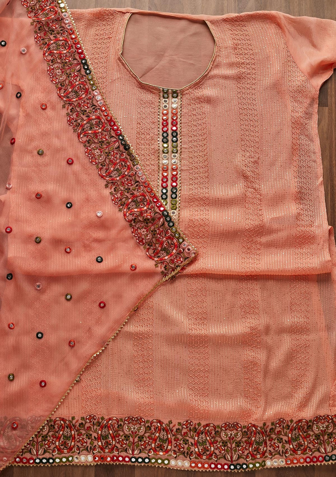 Peach Mirrorwork Georgette Designer Unstitched Salwar Suit - Koskii