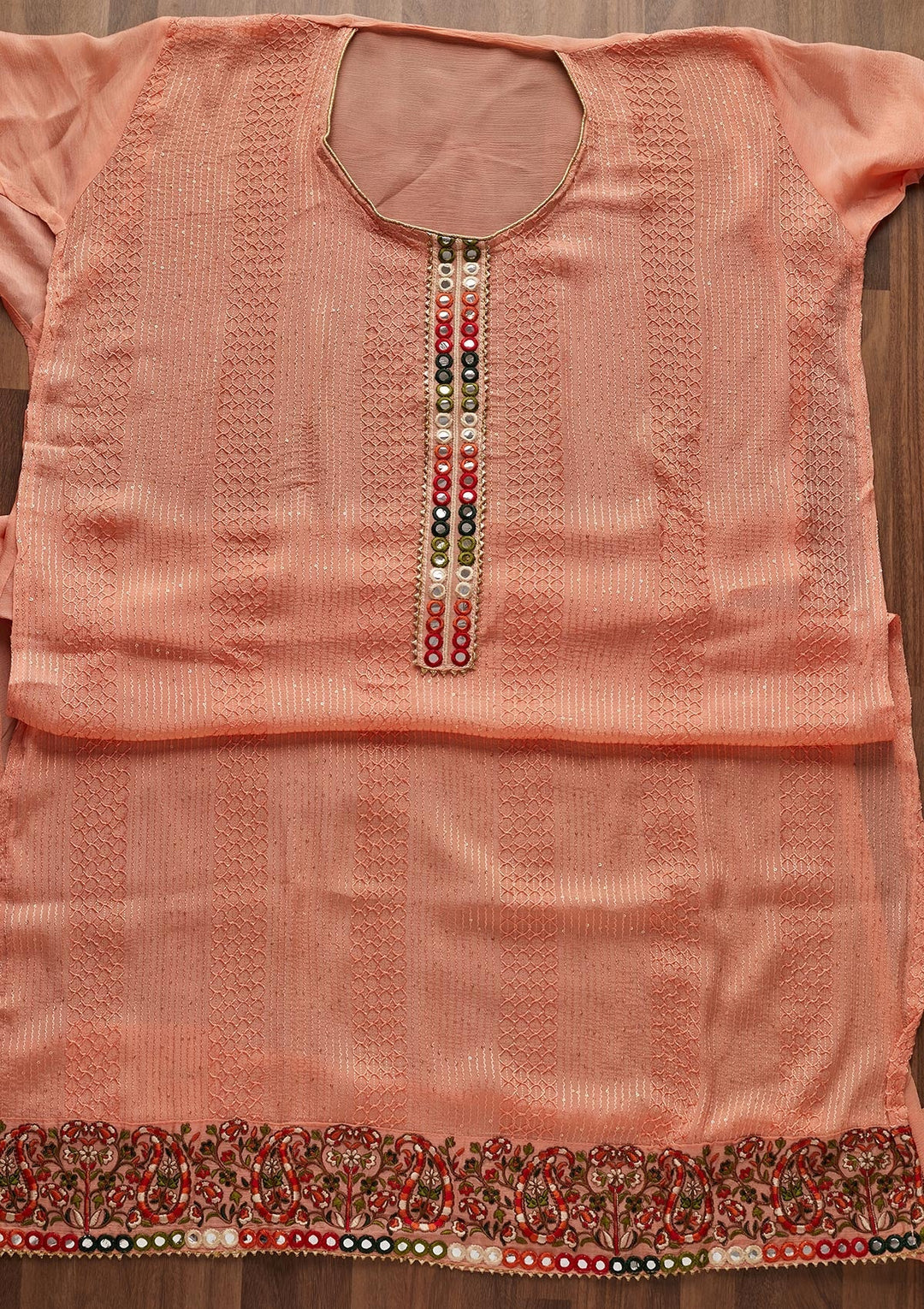 Peach Mirrorwork Georgette Designer Unstitched Salwar Suit - Koskii