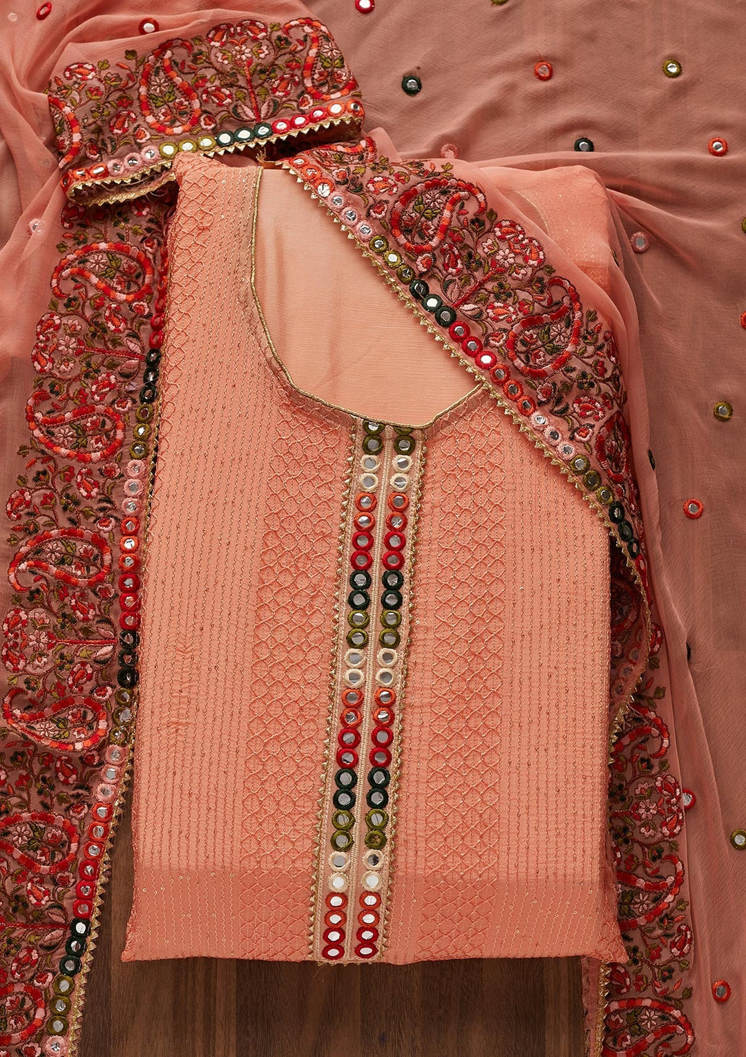 Peach Mirrorwork Georgette Designer Unstitched Salwar Suit - Koskii