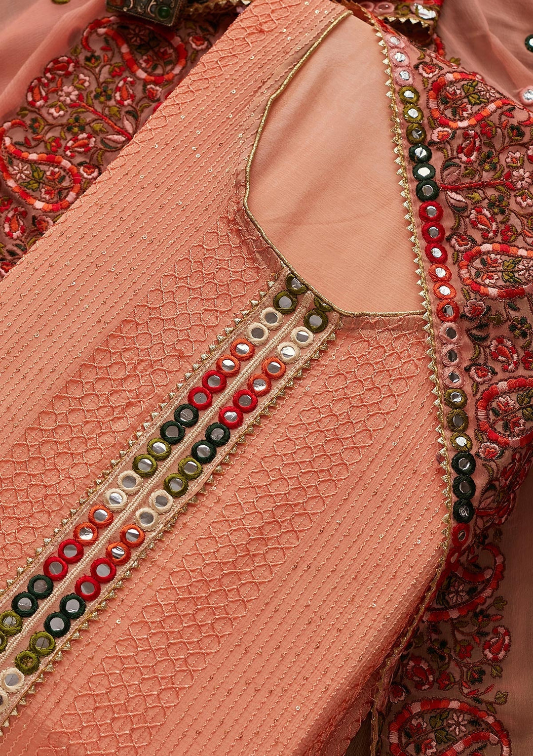 Peach Mirrorwork Georgette Designer Unstitched Salwar Suit - Koskii