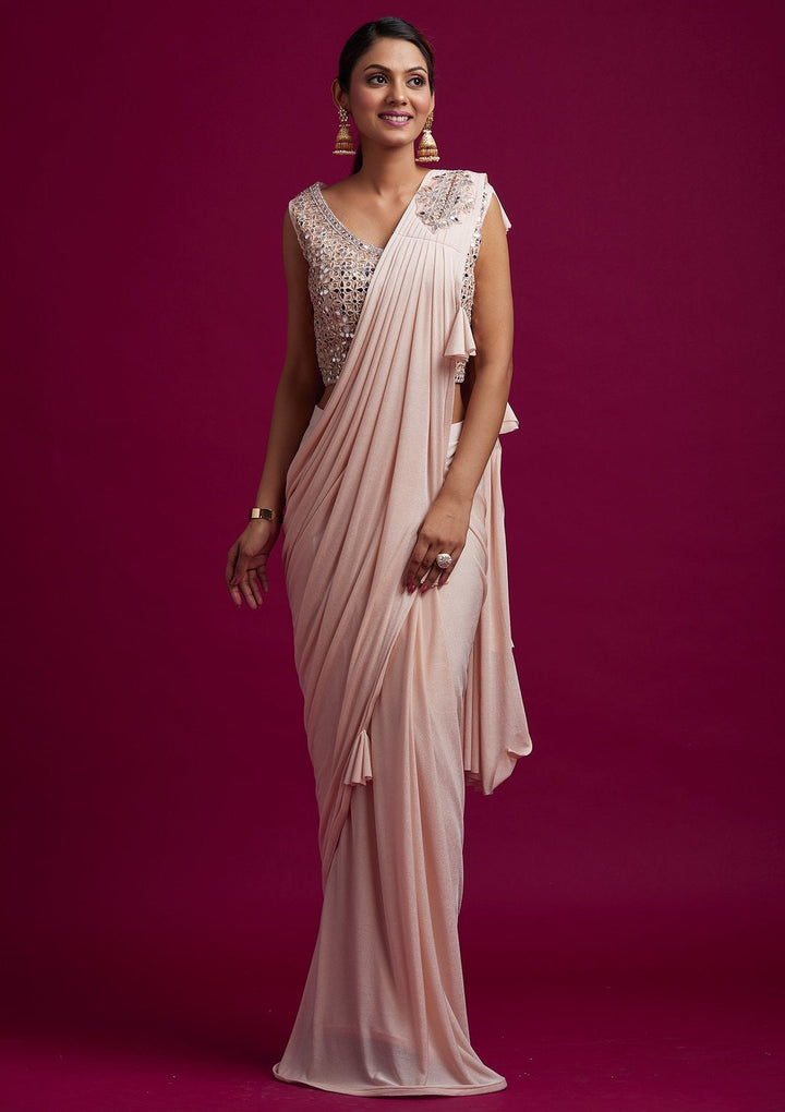 Peach Mirrorwork Lycra Designer Saree - koskii