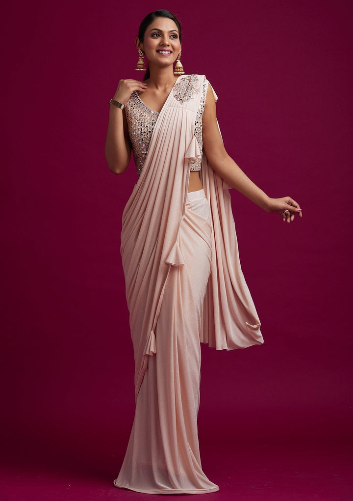Peach Mirrorwork Lycra Designer Saree - koskii