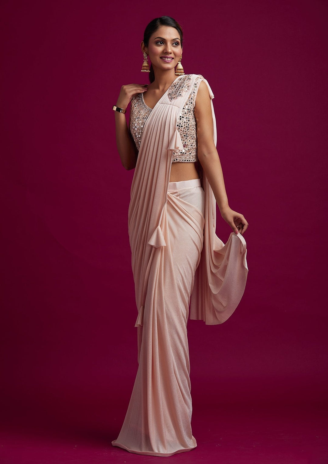 Peach Mirrorwork Lycra Designer Saree - koskii