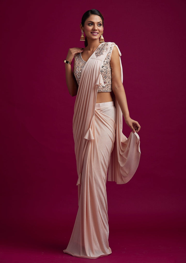 Peach Mirrorwork Lycra Designer Saree - koskii