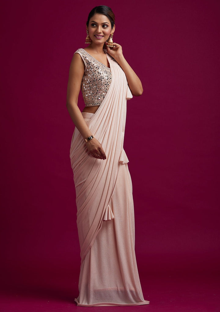 Peach Mirrorwork Lycra Designer Saree - koskii