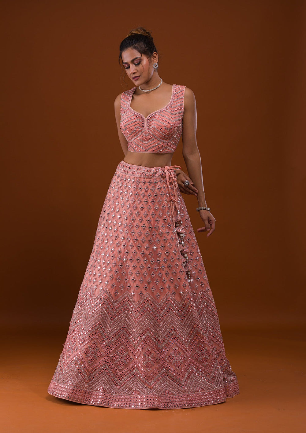 Peach Mirrorwork Net Designer Lehenga-Koskii