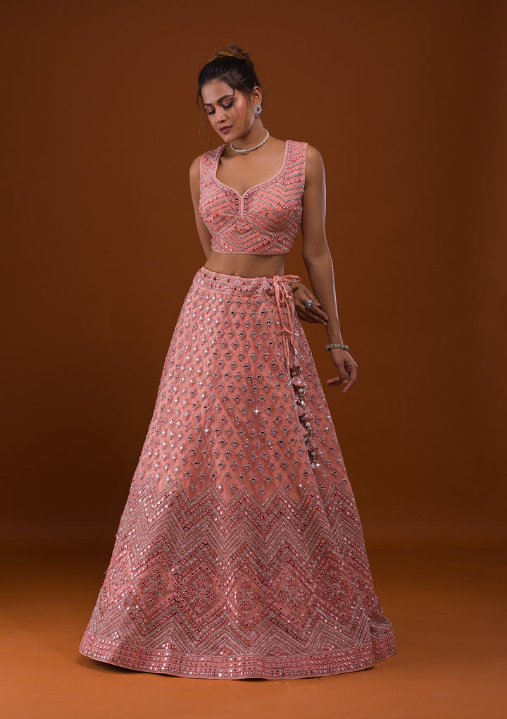 Peach Mirrorwork Net Designer Lehenga-Koskii