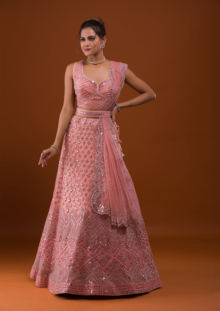 Peach Mirrorwork Net Designer Lehenga-Koskii