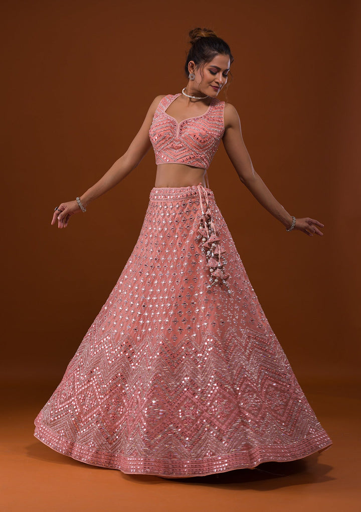 Peach Mirrorwork Net Designer Lehenga-Koskii