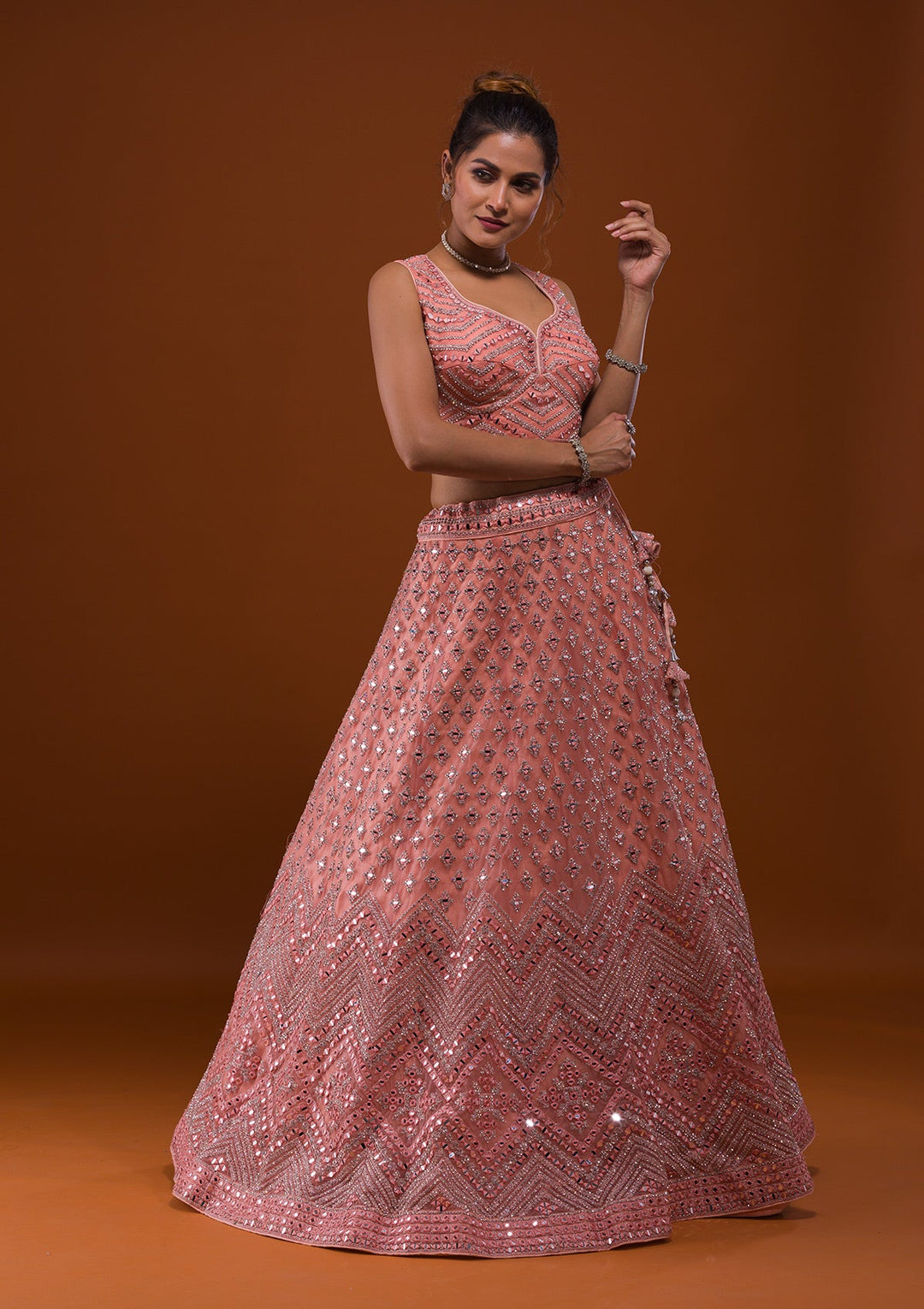 Peach Mirrorwork Net Designer Lehenga-Koskii