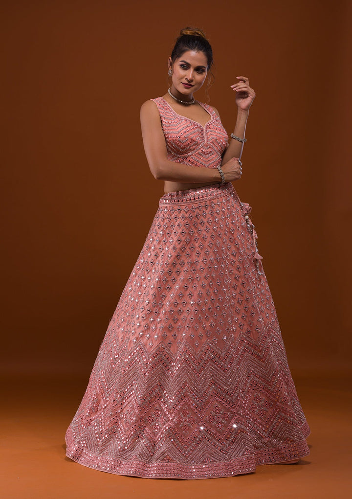 Peach Mirrorwork Net Designer Lehenga-Koskii