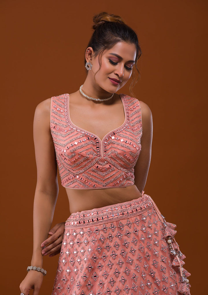 Peach Mirrorwork Net Designer Lehenga-Koskii