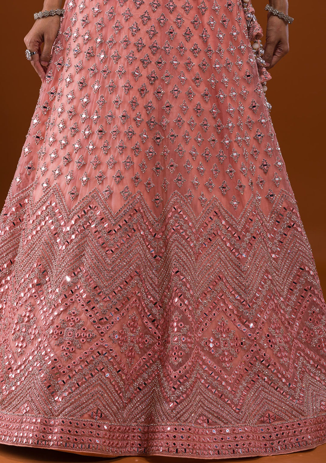 Peach Mirrorwork Net Designer Lehenga-Koskii