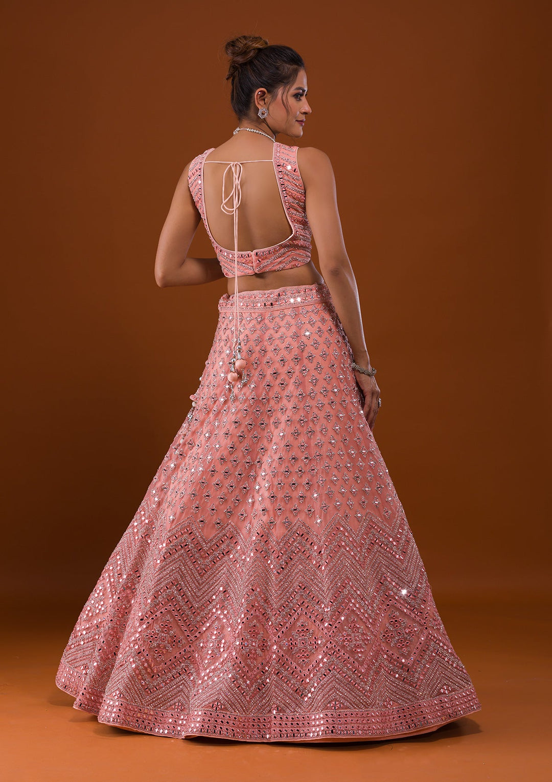 Peach Mirrorwork Net Designer Lehenga-Koskii