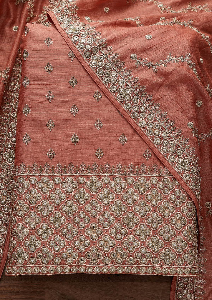 Peach Mirrorwork Raw Silk Designer Unstitched Salwar Suit - Koskii