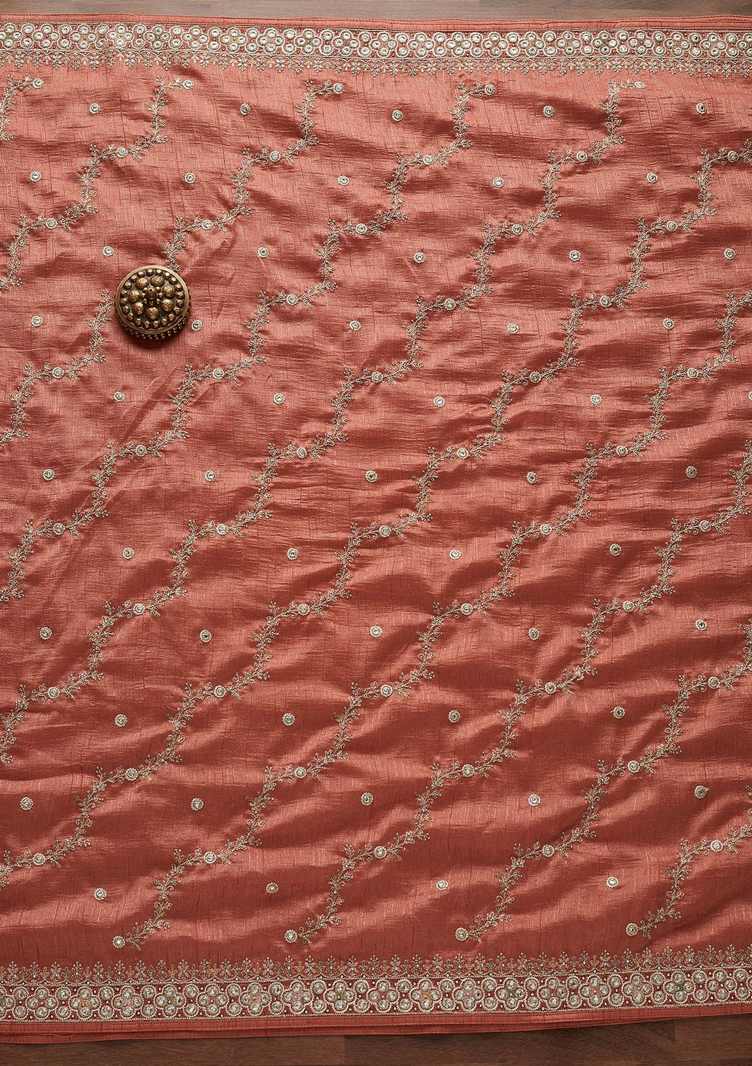 Peach Mirrorwork Raw Silk Designer Unstitched Salwar Suit - Koskii