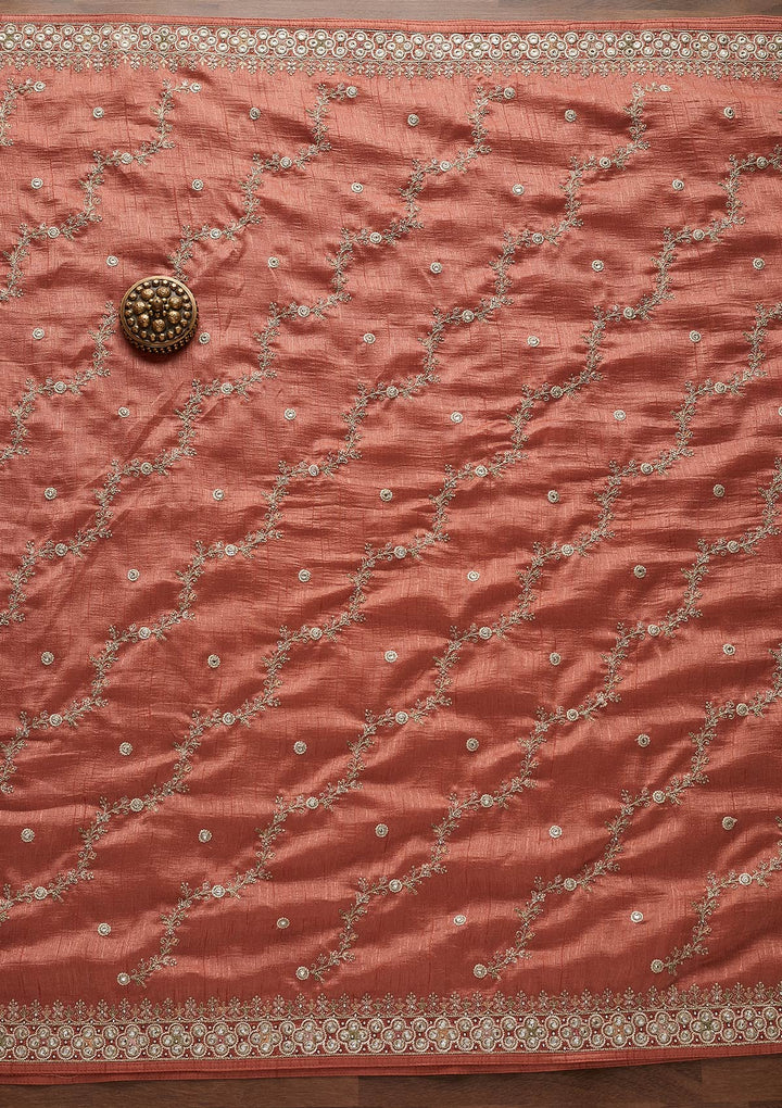 Peach Mirrorwork Raw Silk Designer Unstitched Salwar Suit - Koskii