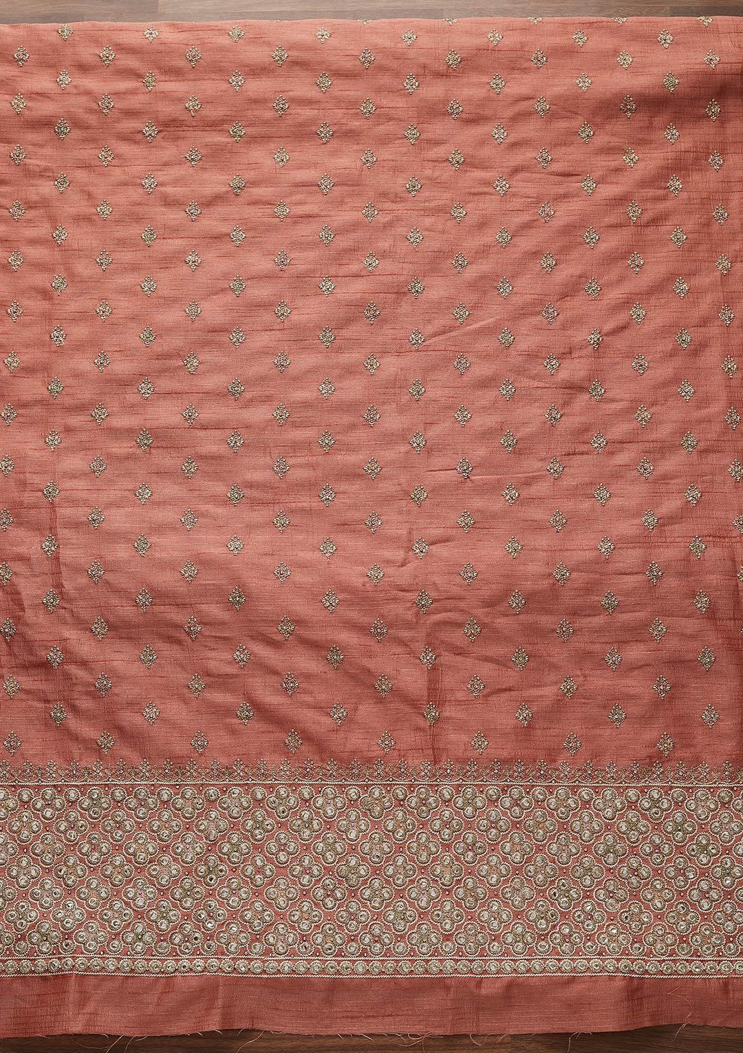 Peach Mirrorwork Raw Silk Designer Unstitched Salwar Suit - Koskii
