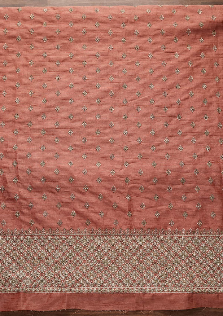 Peach Mirrorwork Raw Silk Designer Unstitched Salwar Suit - Koskii