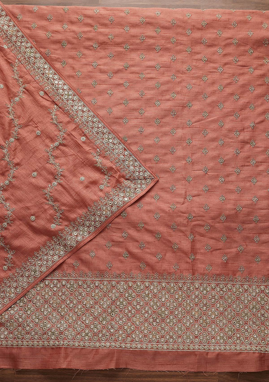 Peach Mirrorwork Raw Silk Designer Unstitched Salwar Suit - Koskii