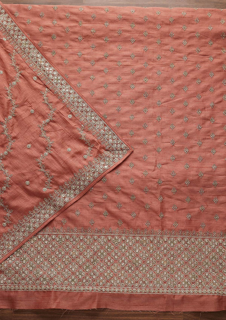 Peach Mirrorwork Raw Silk Designer Unstitched Salwar Suit - Koskii