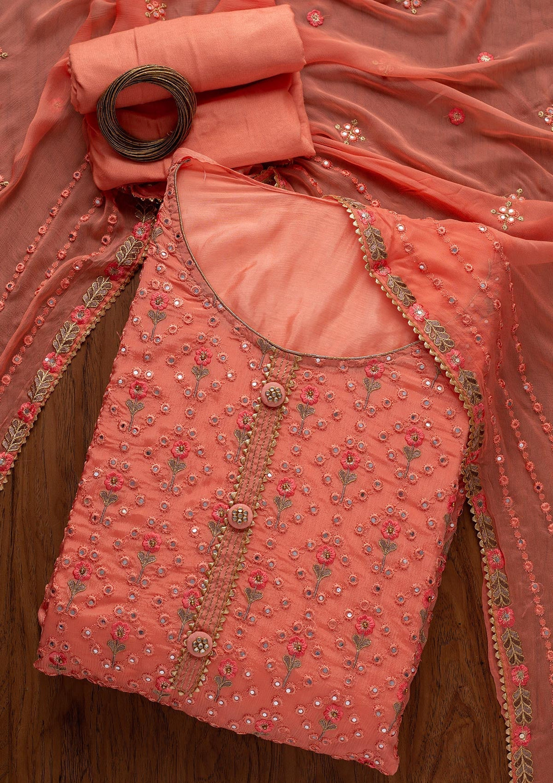Peach Mirrorwork Semi Crepe Designer Semi-Stitched Salwar Suit - koskii