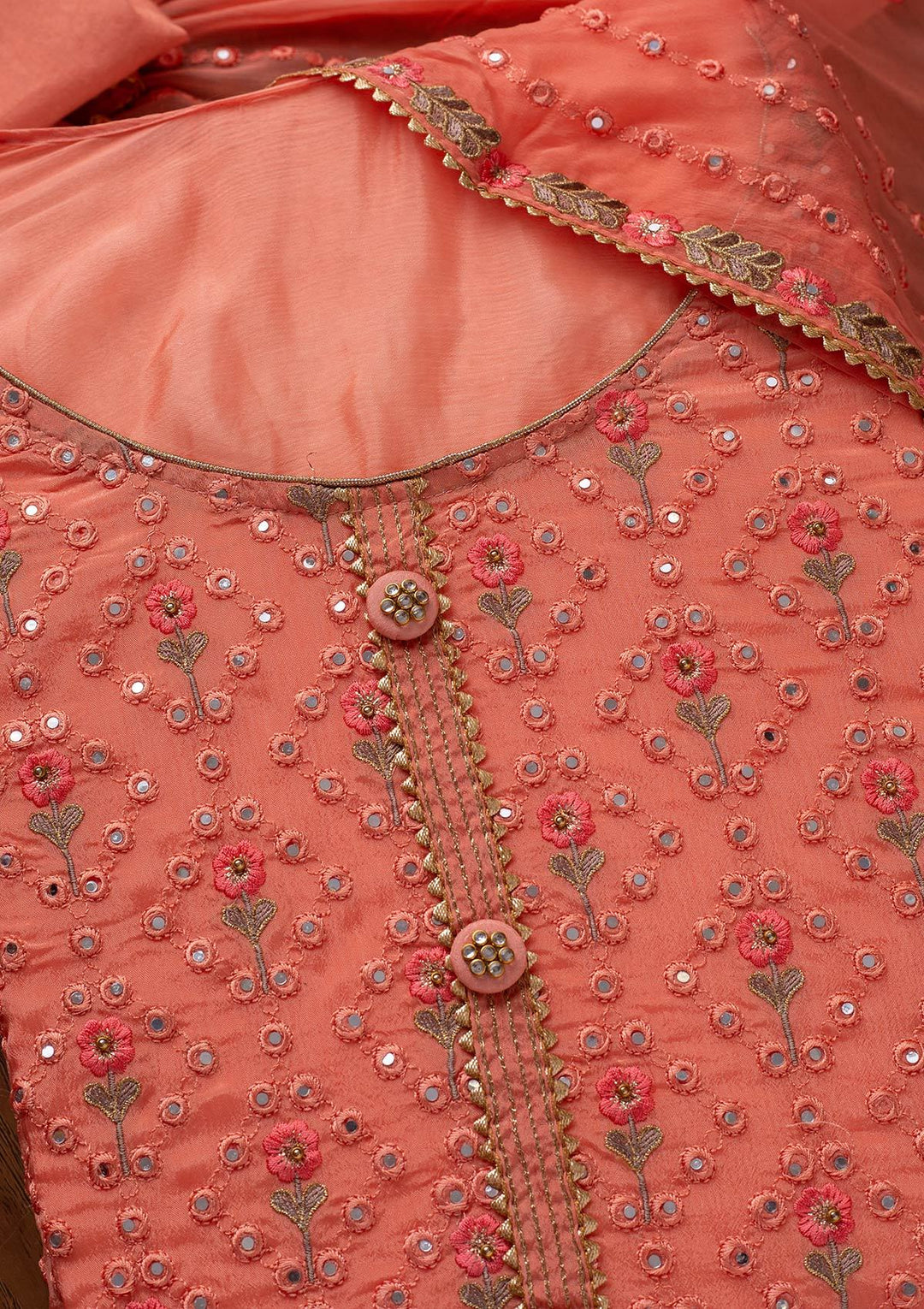 Peach Mirrorwork Semi Crepe Designer Semi-Stitched Salwar Suit - koskii