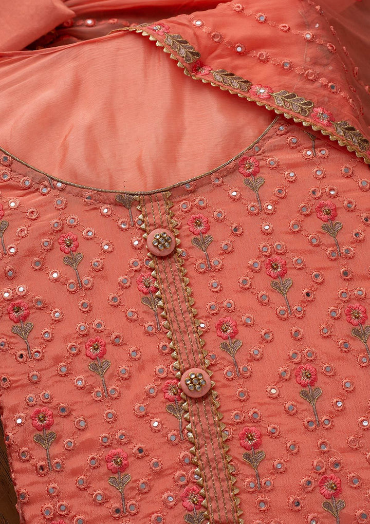 Peach Mirrorwork Semi Crepe Designer Semi-Stitched Salwar Suit - koskii
