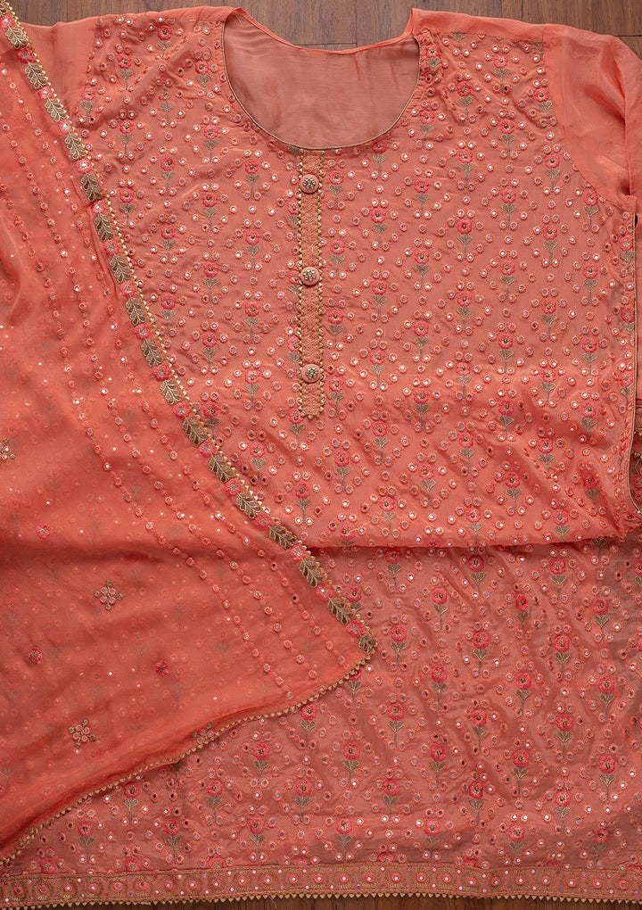 Peach Mirrorwork Semi Crepe Designer Semi-Stitched Salwar Suit - koskii