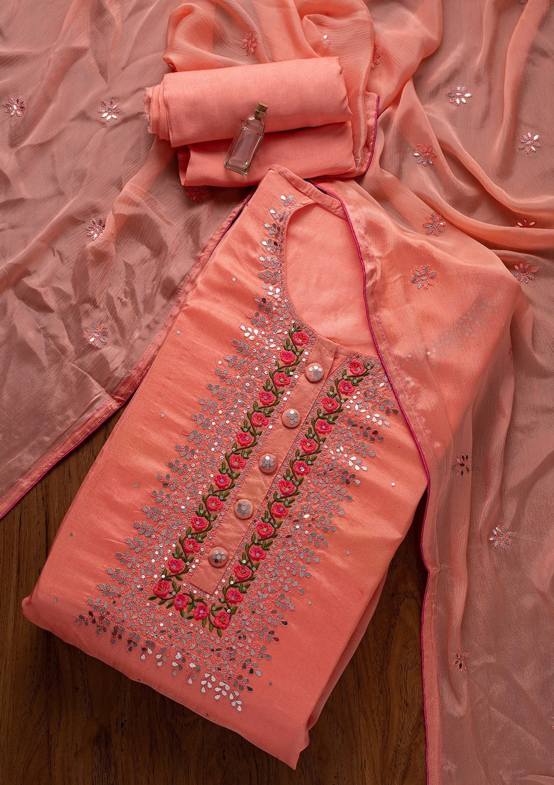 Peach Mirrorwork Semi Crepe Designer Semi-Stitched Salwar Suit - koskii