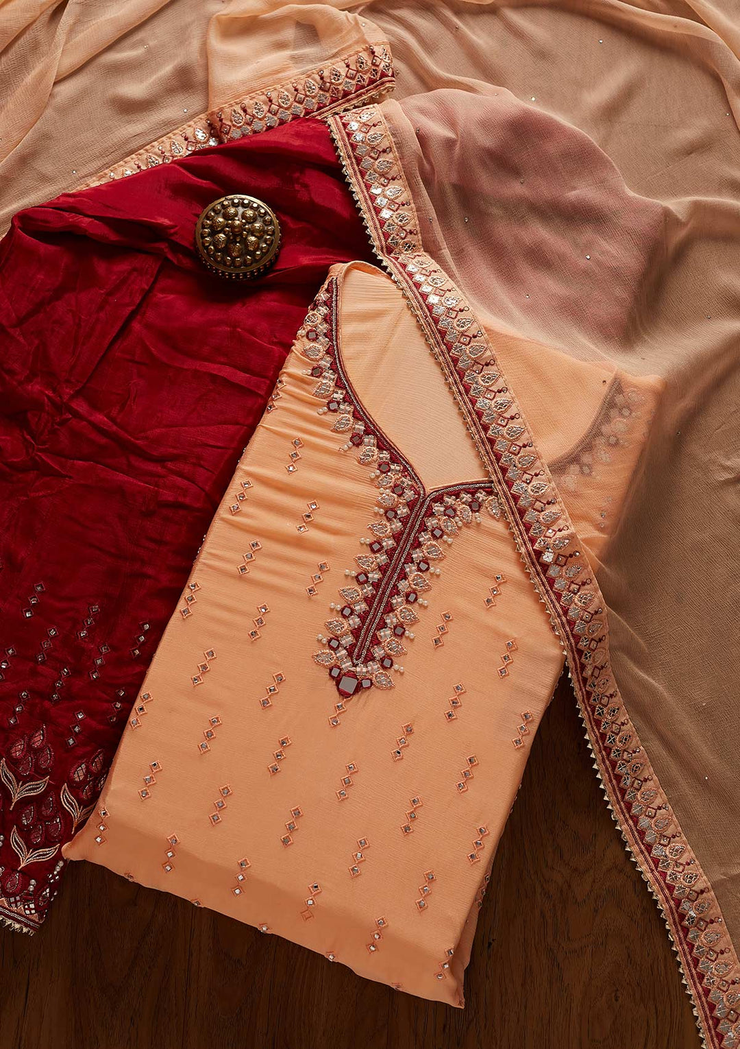Peach Mirrorwork Semi Crepe Designer Semi-Stitched Salwar Suit - koskii