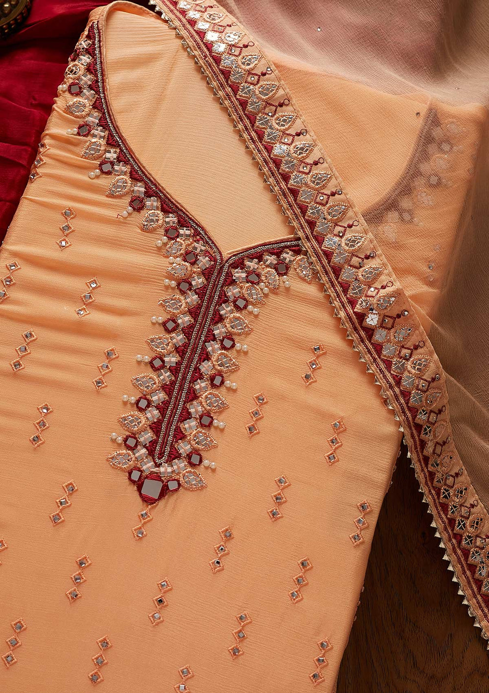 Peach Mirrorwork Semi Crepe Designer Semi-Stitched Salwar Suit - koskii