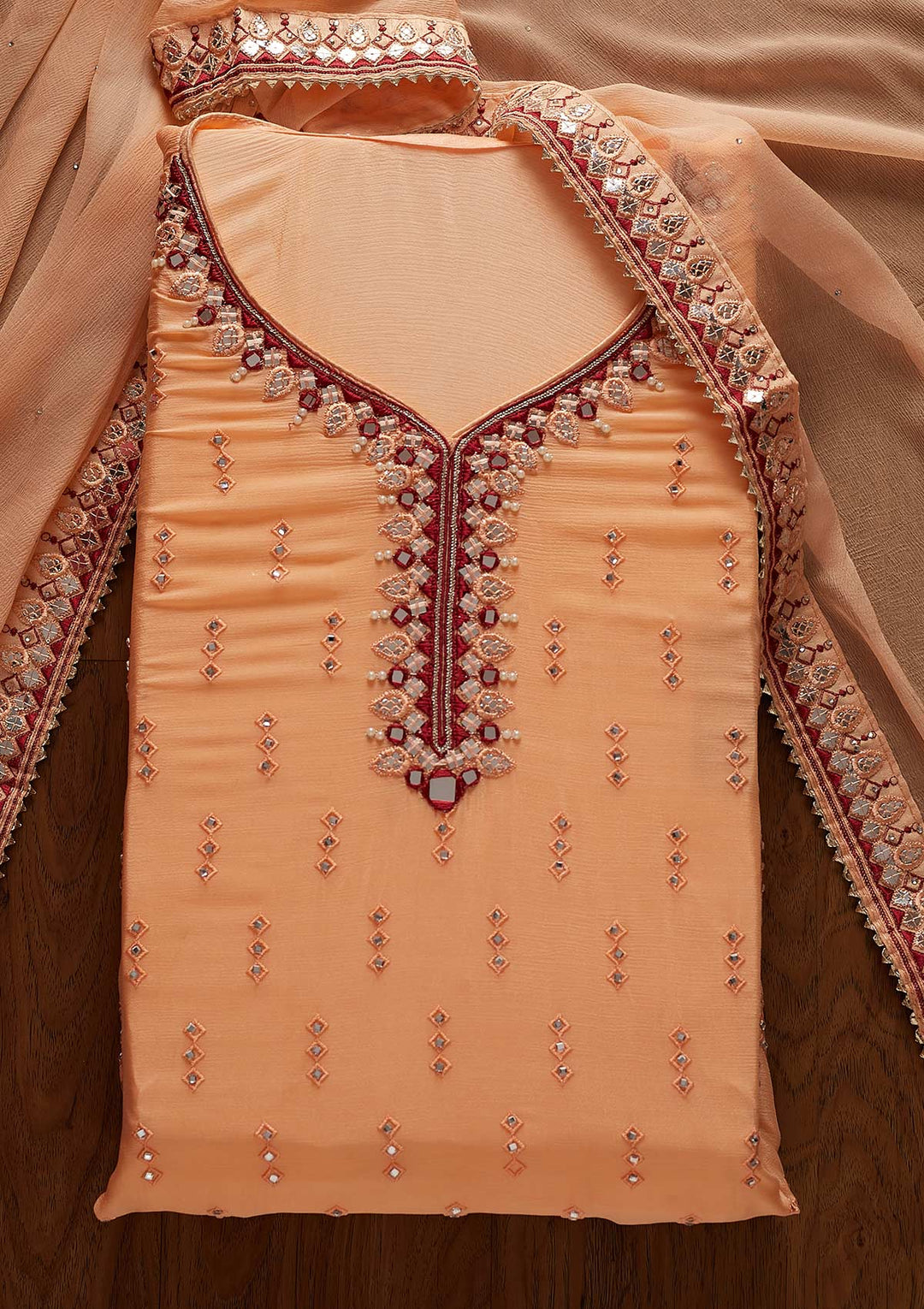 Peach Mirrorwork Semi Crepe Designer Semi-Stitched Salwar Suit - koskii
