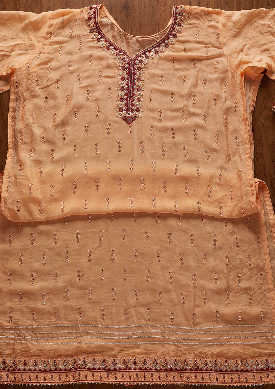 Peach Mirrorwork Semi Crepe Designer Semi-Stitched Salwar Suit - koskii