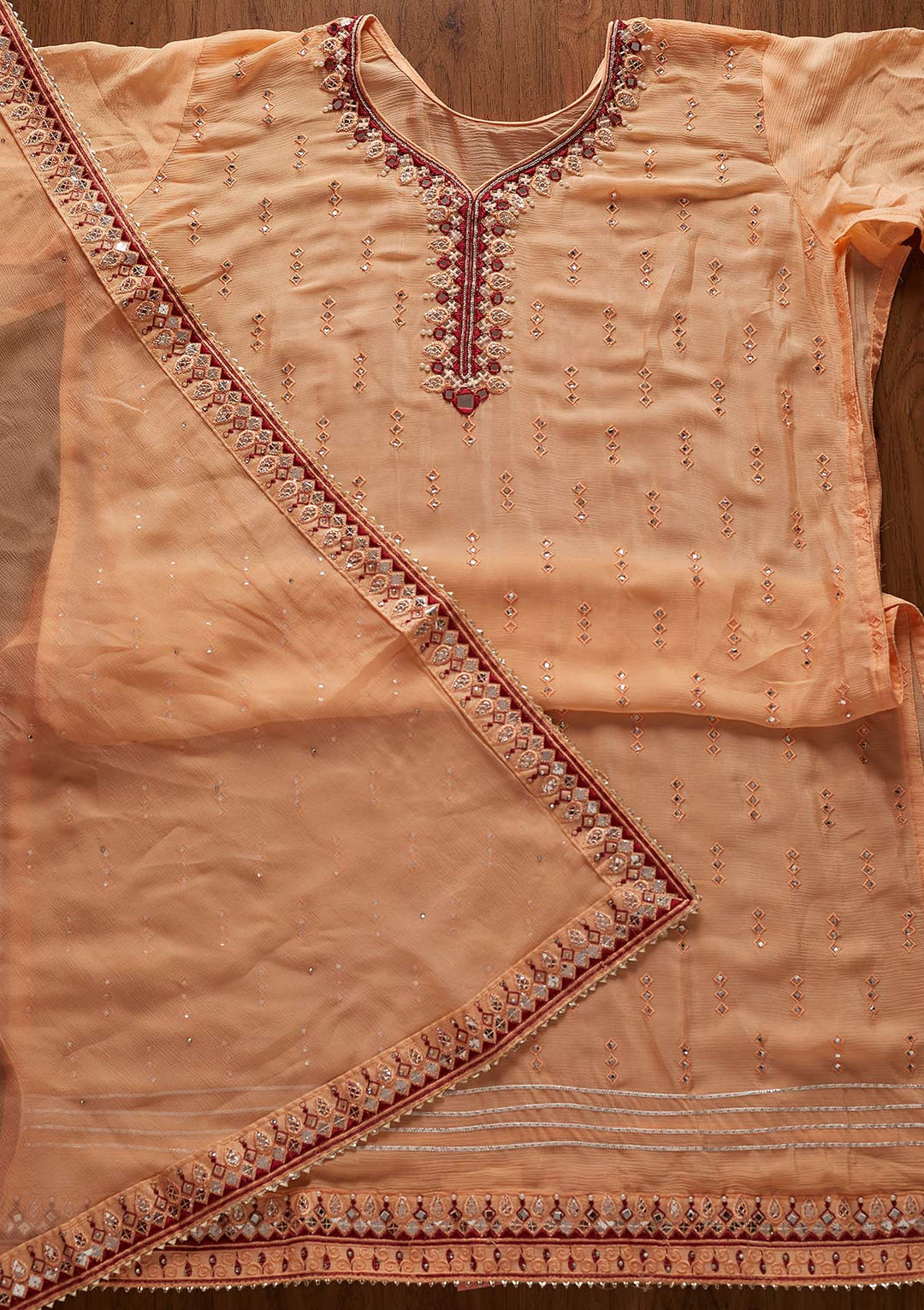 Peach Mirrorwork Semi Crepe Designer Semi-Stitched Salwar Suit - koskii