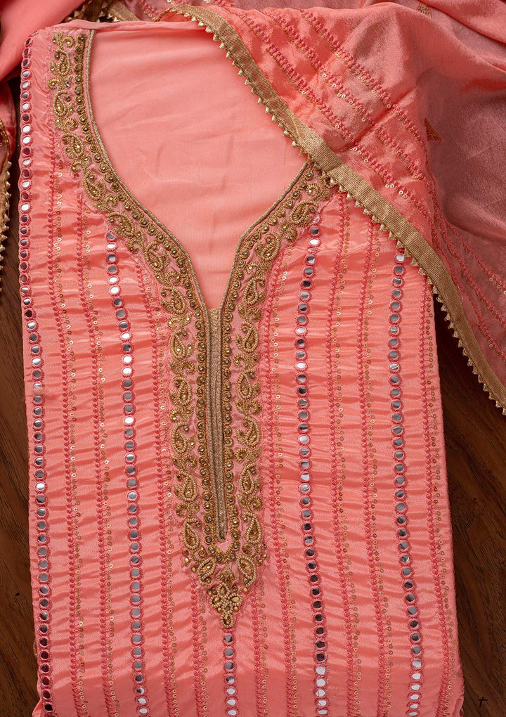 Peach Mirrorwork Semi Crepe Designer Unstitched Salwar Suit - koskii
