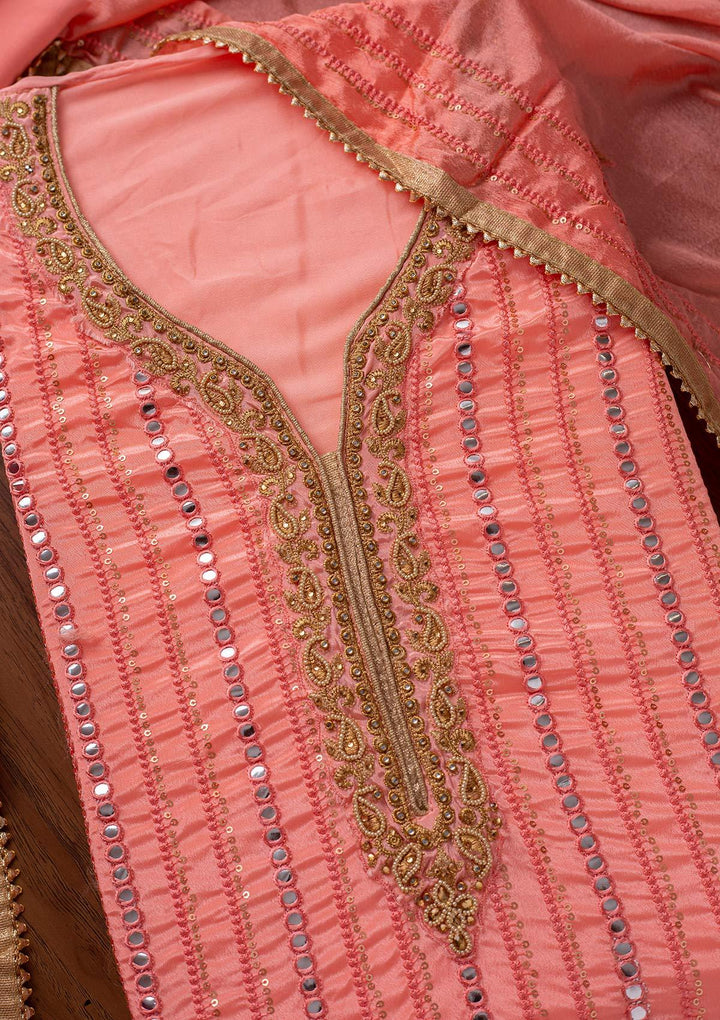 Peach Mirrorwork Semi Crepe Designer Unstitched Salwar Suit - koskii
