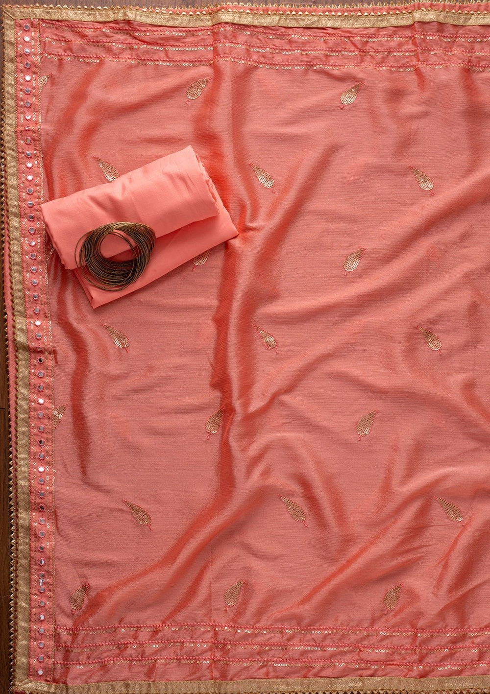 Peach Mirrorwork Semi Crepe Designer Unstitched Salwar Suit - koskii