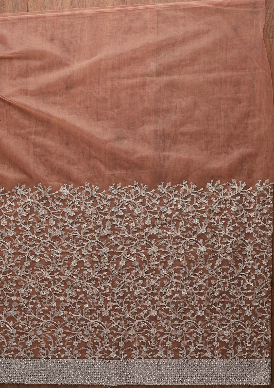 Peach Silver Zariwork Net Designer Saree - koskii
