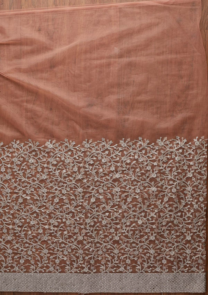 Peach Silver Zariwork Net Designer Saree - koskii