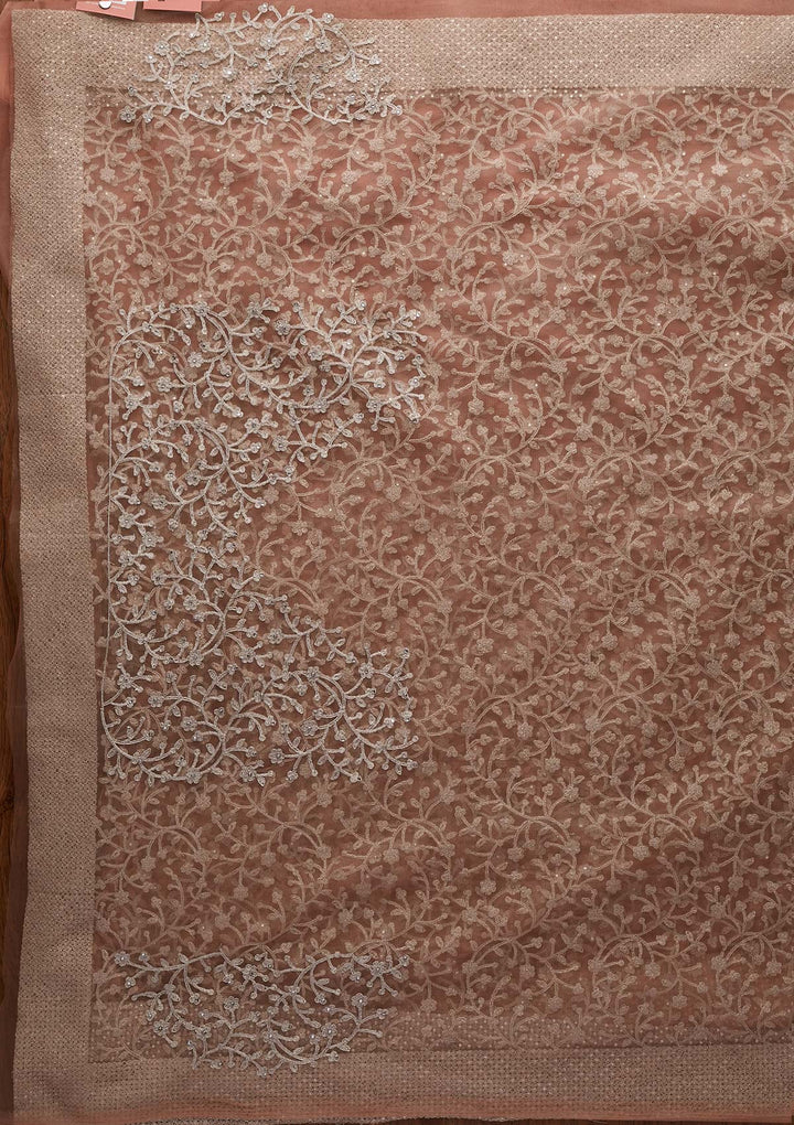 Peach Silver Zariwork Net Designer Saree - koskii
