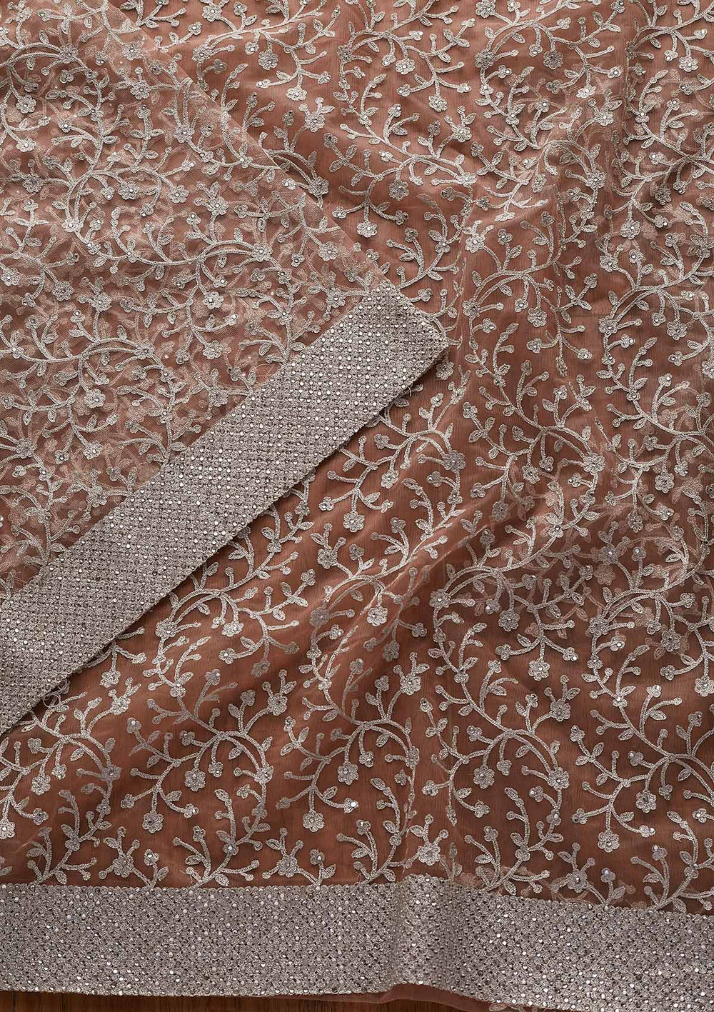 Peach Silver Zariwork Net Designer Saree - koskii