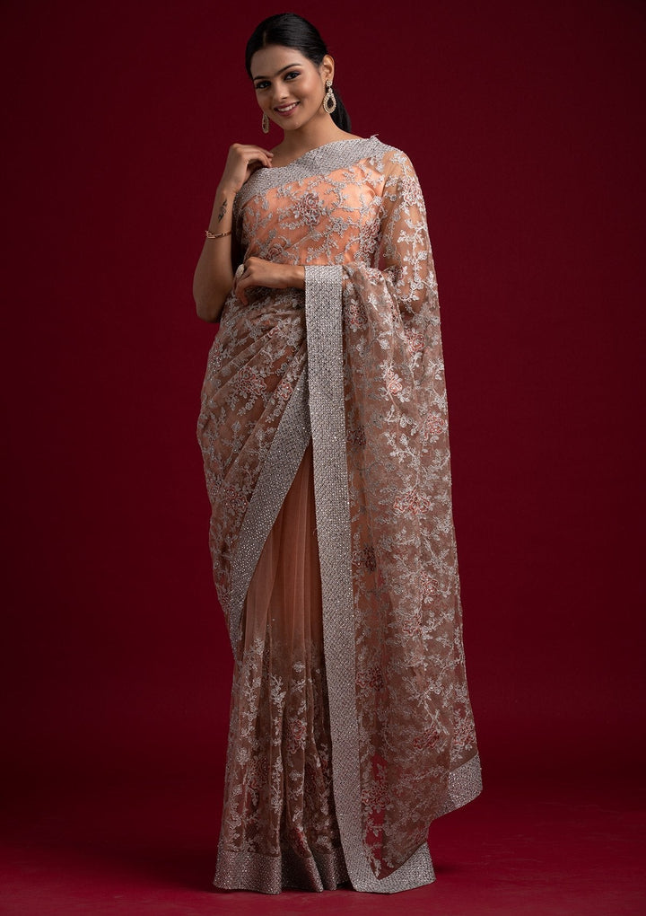 Peach Silver Zariwork Net Designer Saree - koskii
