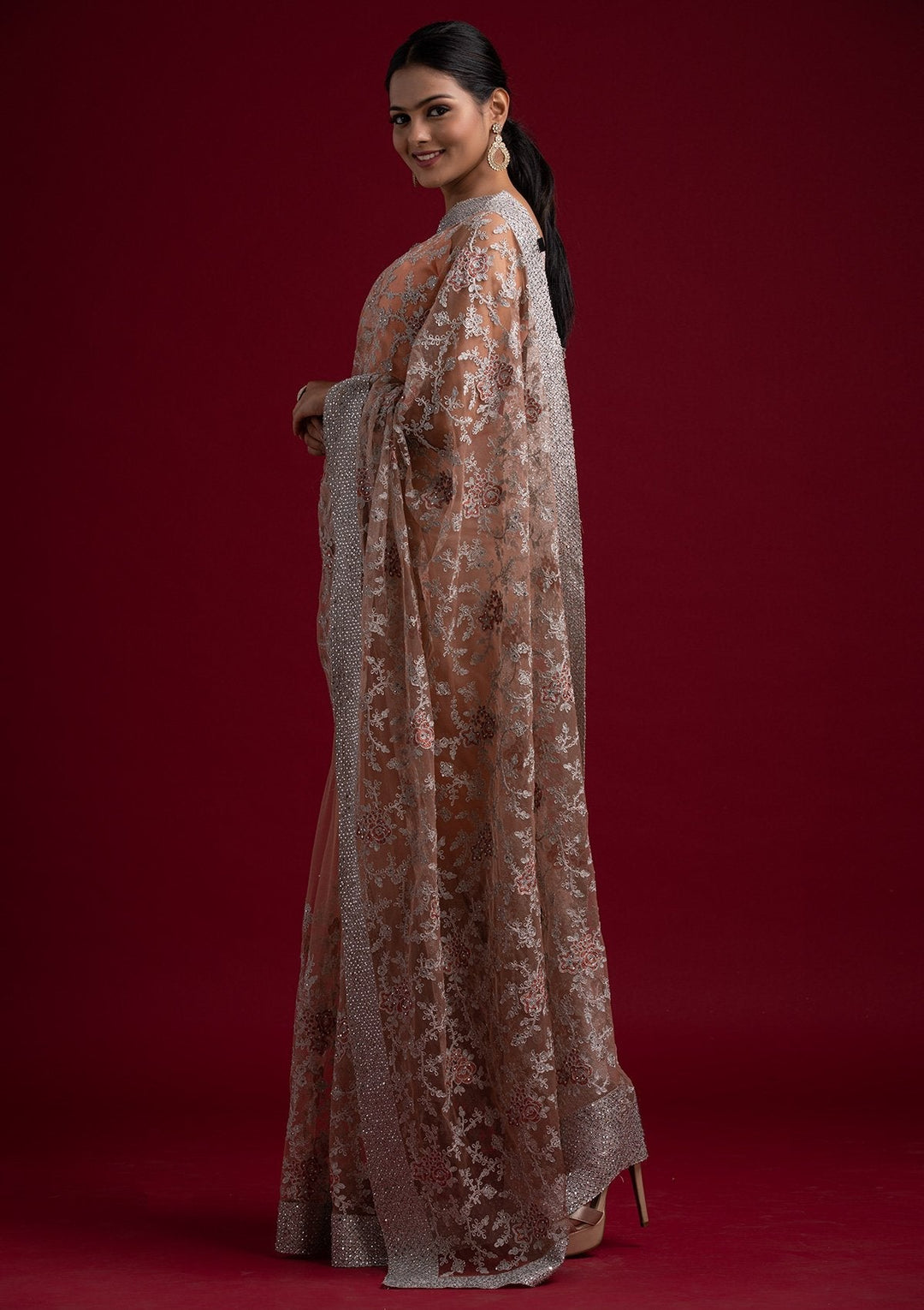 Peach Silver Zariwork Net Designer Saree - koskii