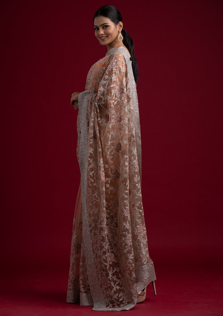 Peach Silver Zariwork Net Designer Saree - koskii