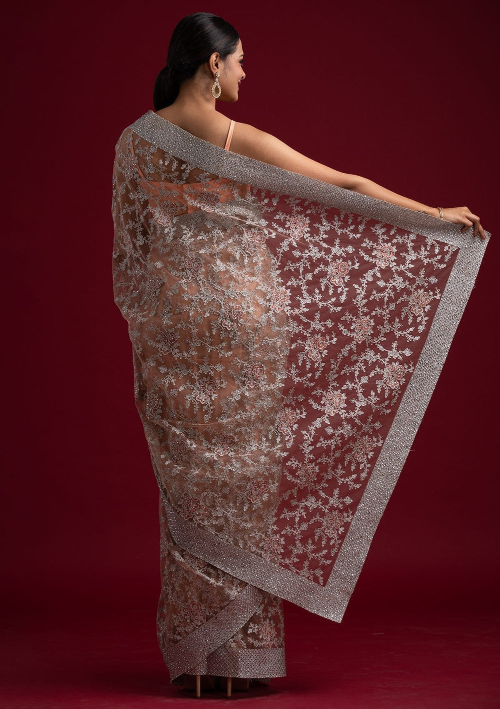 Peach Silver Zariwork Net Designer Saree - koskii