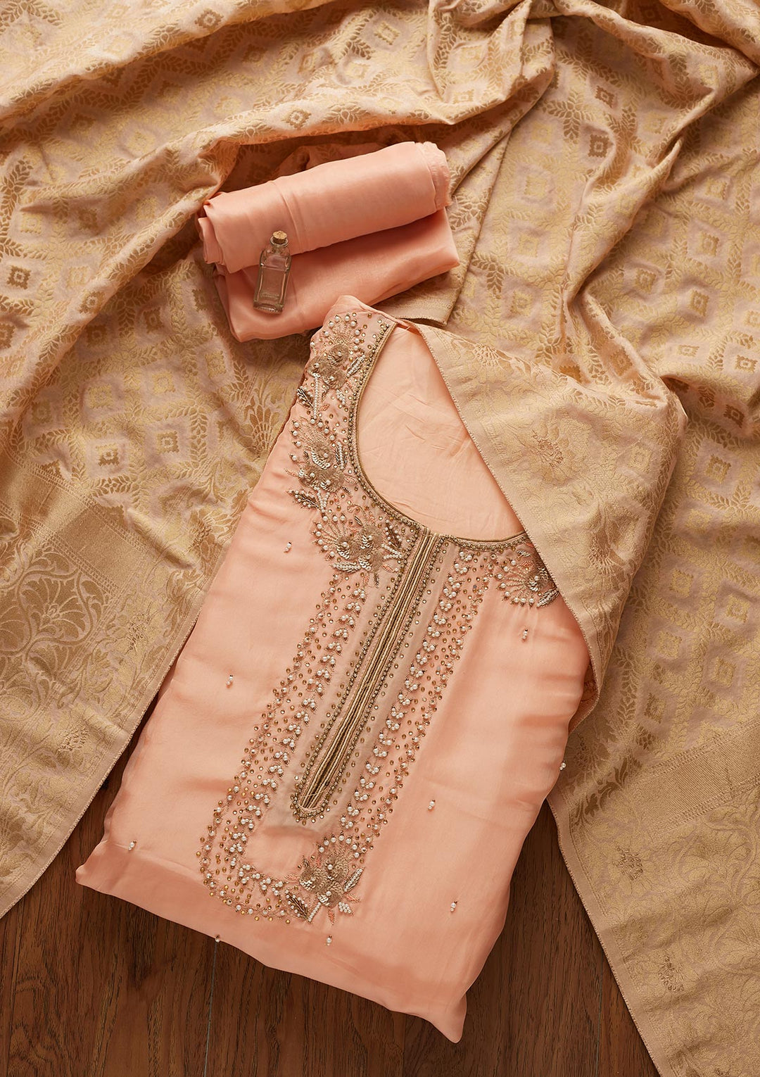 Peach Pearlwork Chanderi Designer Unstitched Salwar Suit - koskii