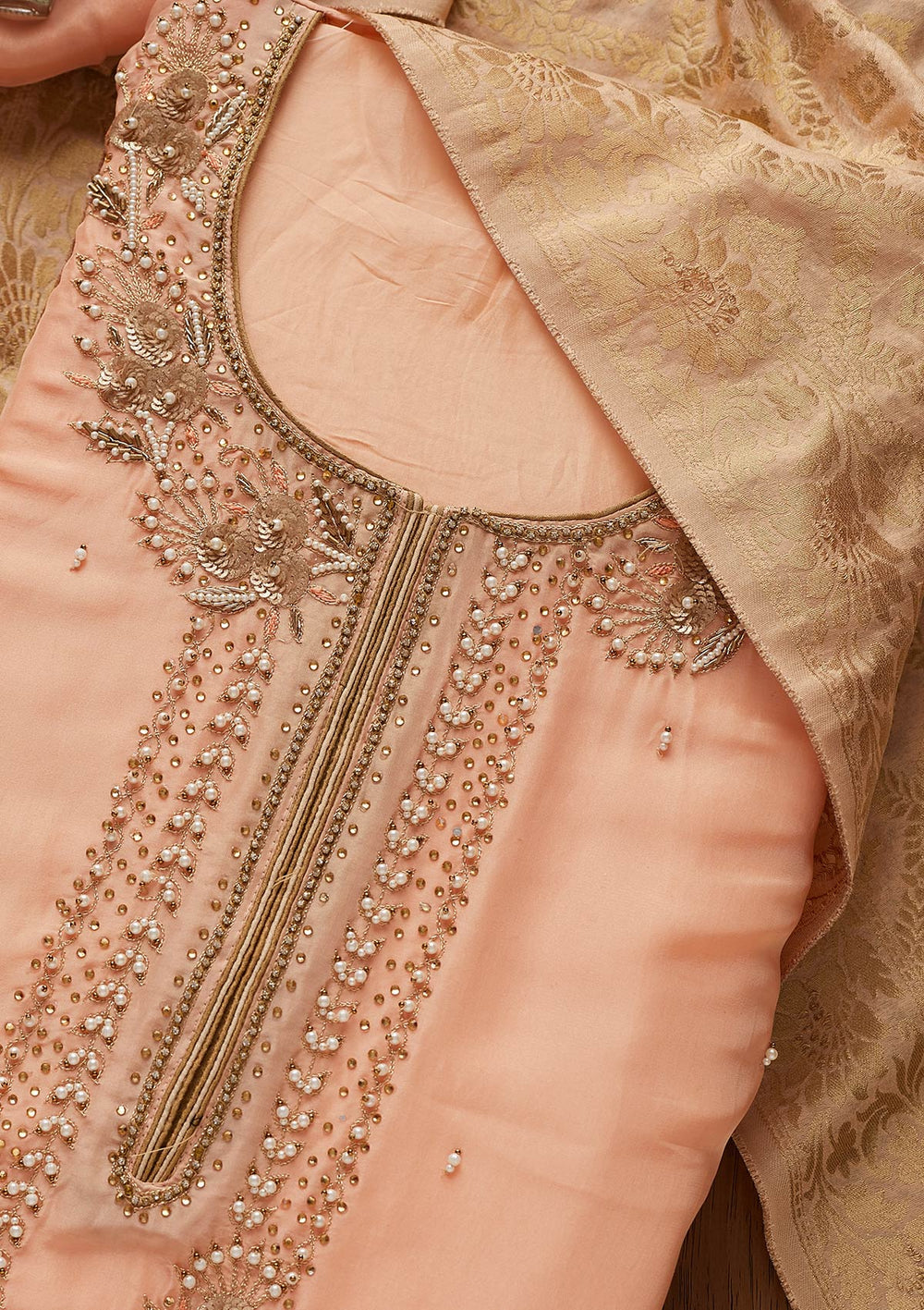 Peach Pearlwork Chanderi Designer Unstitched Salwar Suit - koskii
