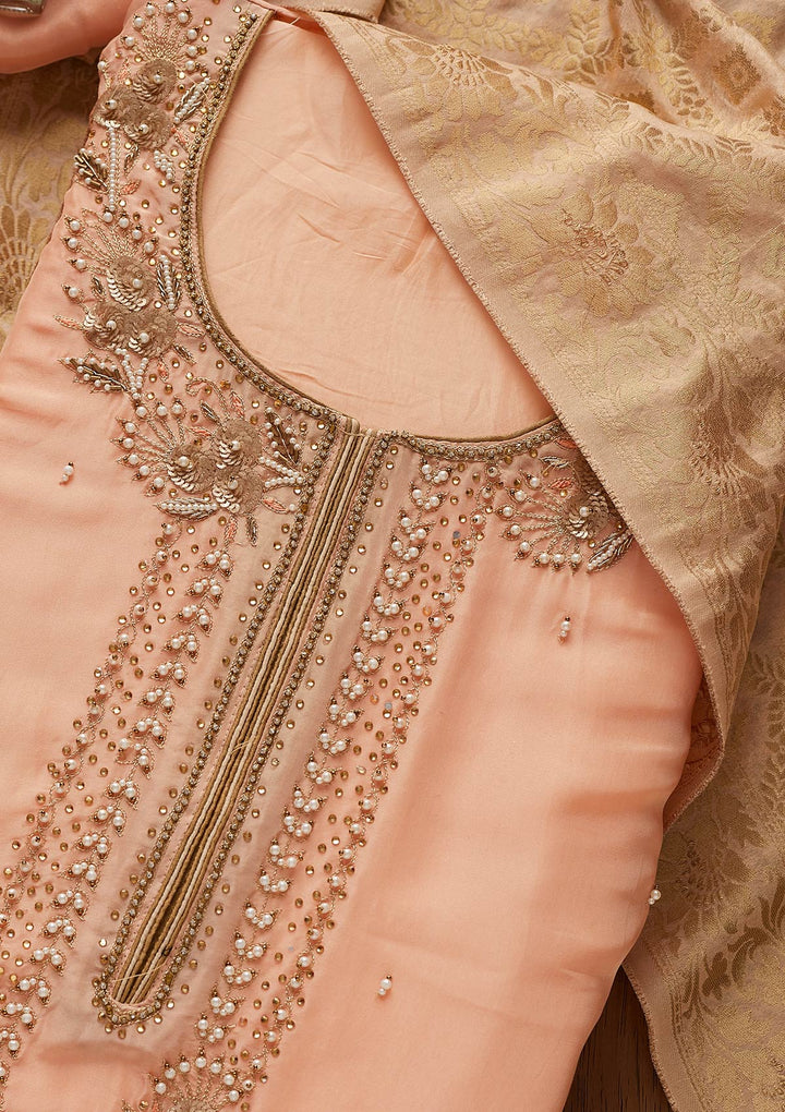 Peach Pearlwork Chanderi Designer Unstitched Salwar Suit - koskii